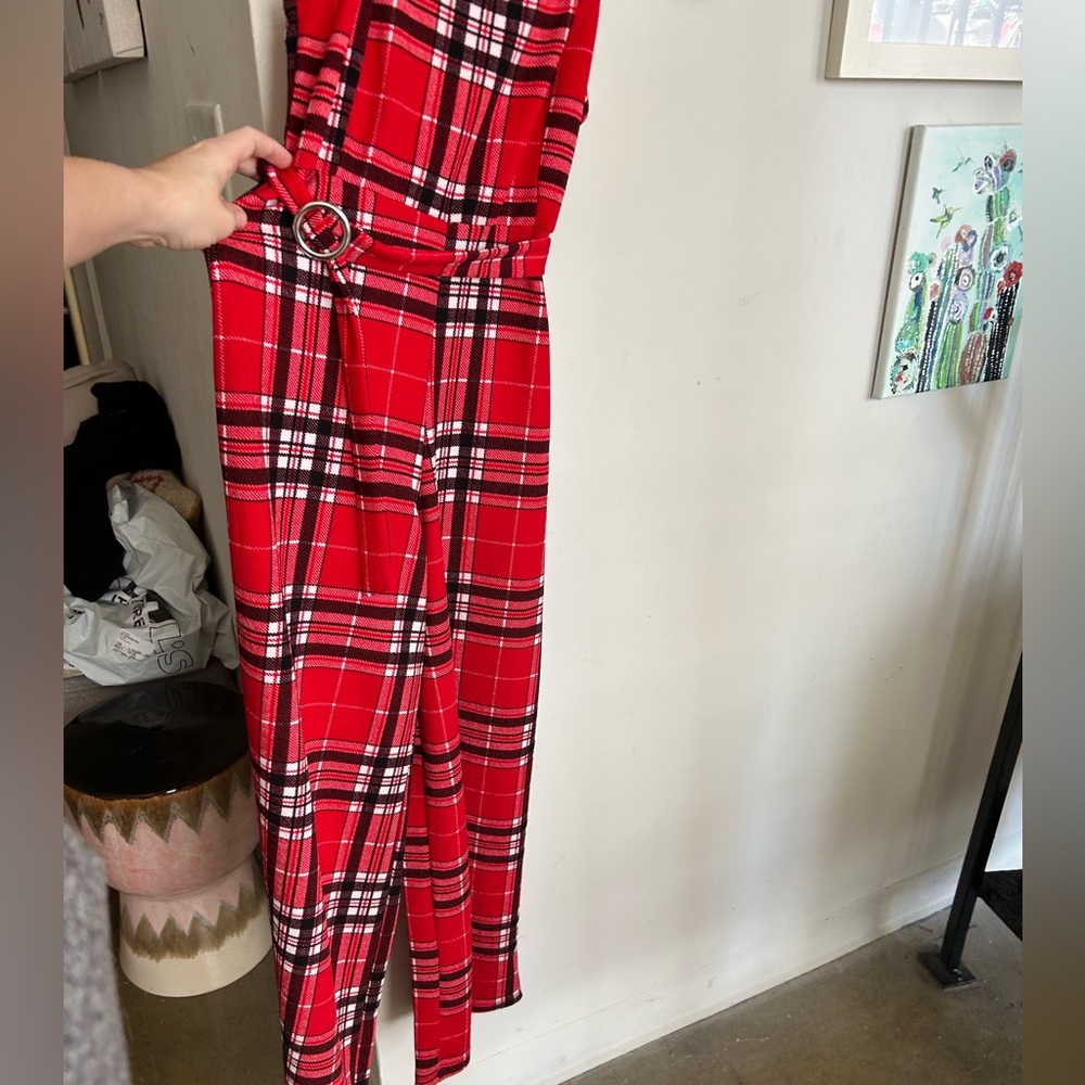 Punk 90s Grunge belted red plaid jumpsuit spaghetti straps stretchy material - Picture 3 of 8